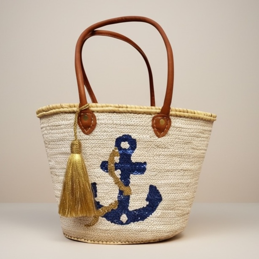 Handmade Moroccan Sequin Anchor Beach Tote Basket Bag